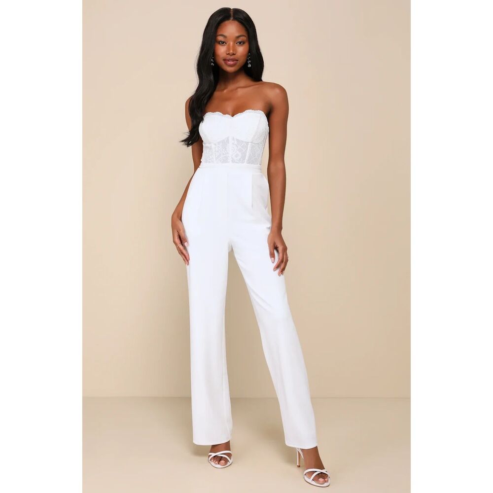 Lulus Positively Impressive White Lace Strapless Bustier Jumpsuit Size XL
